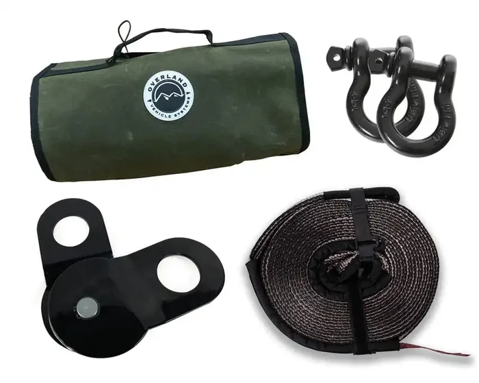 Overland Vehicle Systems Ovs 33-0501 Recovery Wrap Kit Including 20‘ Tow Strap, Pair Of Black D-Rings, Snatch Block And Canvas Bag