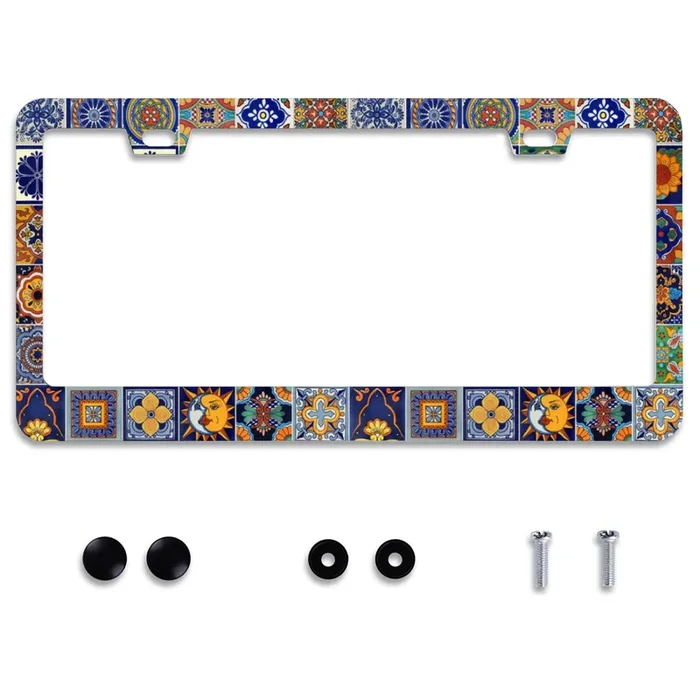 Personalise Mexican Tiles License Plate Frames Mandala Boho License Plate Frame Car Universal Stainless Steel Accessories Cars Decorative 2 Holes Screws Fits Standard Us Vehicles Size 12.2 X 6 Inches