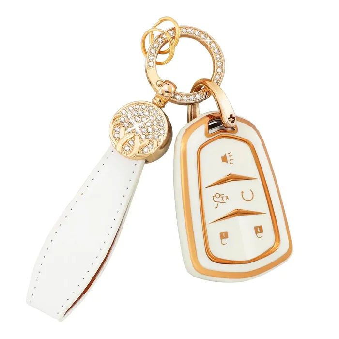 Pifoog Key Fob Cover Accessories For Cadillac Premium Tpu Keys Case Shell Keychain For Cadillac Xt5 Xt6 Xt4 Cts Ct6 Ats Srx Xts Smart Key Covers White Gold Girly Women
