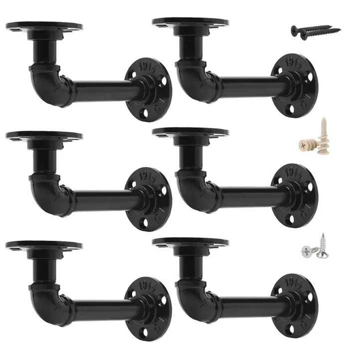 Pipe Shelf Brackets Set Of 6 Equason Industrial Iron Shelf Brackets Pipe Shelving Brackets For Custom Floating Shelves Diy Rustic Shelves Brackets Hardware Included Black
