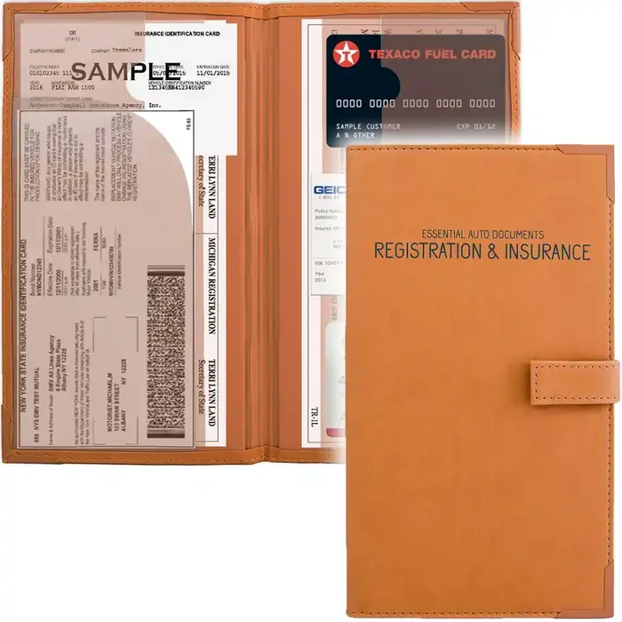 PlusXpres Orange Auto Insurance & Registration Card Holder – PU Leather Vehicle Document Organizer for DMV & Contact Information