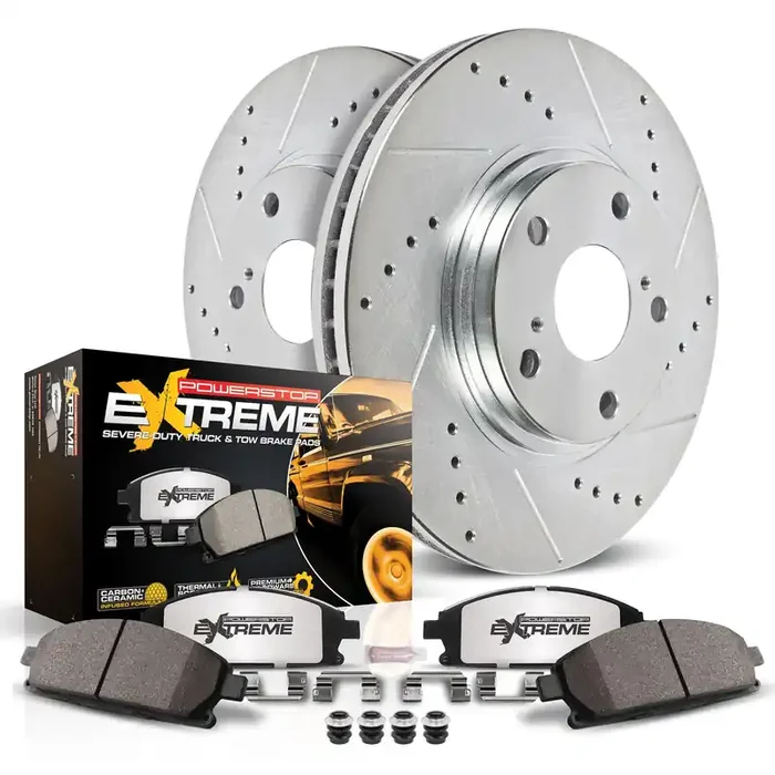 Power Stop Brake Kit For Chrysler Aspen Dodge Durango Ram 1500 5Lug – Front Truck & Tow Carbon Fiber Ceramic Brake Pads And Drilled And Slotted Brake Rotors Replacement, K2163-36