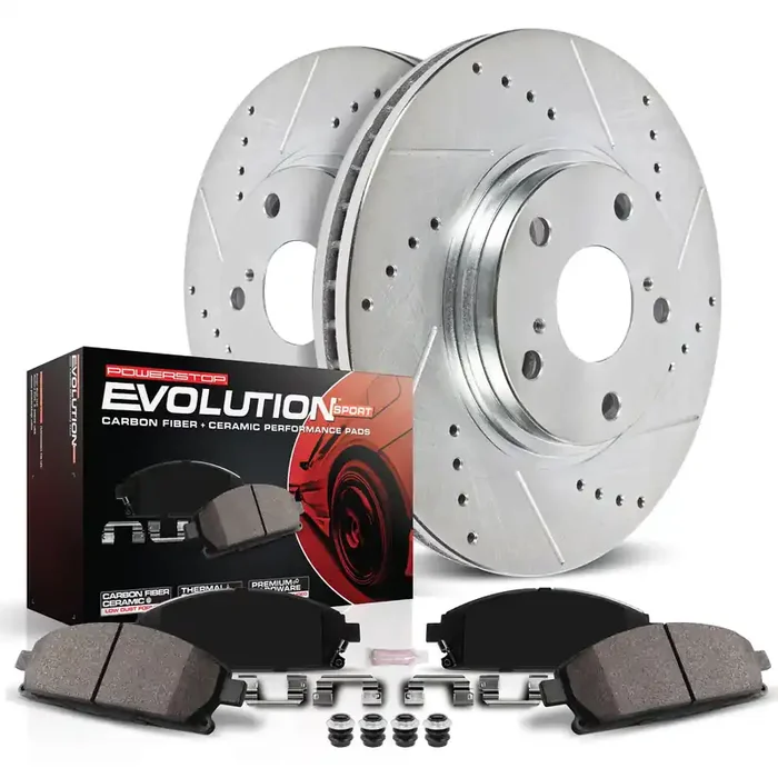 Power Stop K3118 Front Z23 Carbon Fiber Brake Pads With Drilled And Slotted Brake Rotors Kit For Chrysler Town & Country Grand Caravan Journey Vw Volkswagen Routan [Single Piston Caliper Models]