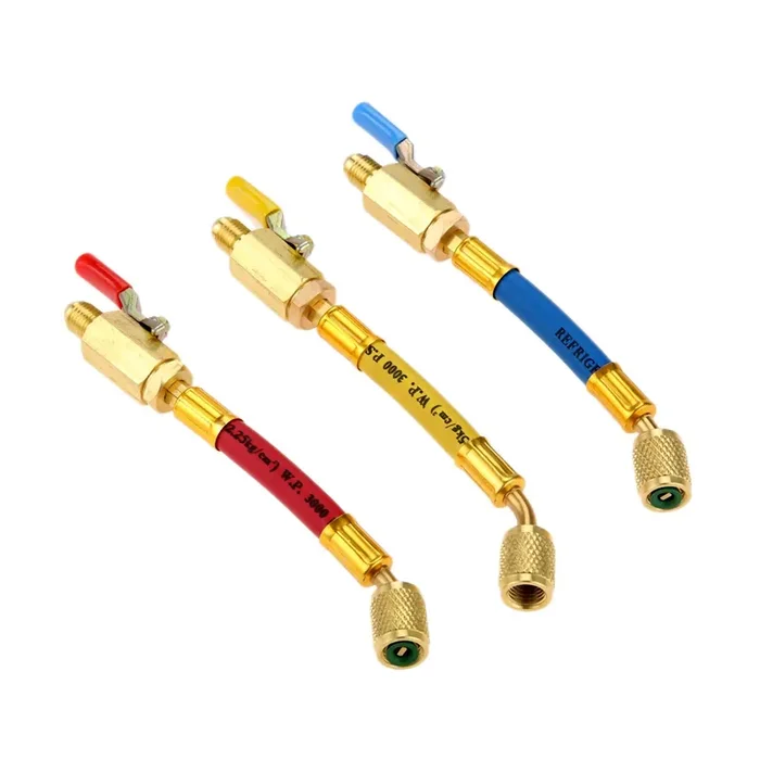 R134A R410A R22 R12 Charging Hoses And Ball Valve Set, 3 Pcs Color Coded Hoses/W Ball Valve 1/4 Sae Thread (7 Long) For Ac Hvac Maintenance Kit And Air Condition Refrigeration Charging Tools
