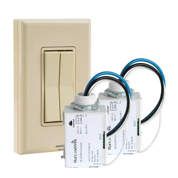 Runlesswire Fan & Light Remote Light Switch Kit Wireless Battery-Free Self-Powered Kinetic Diy Wall Switch 150+ Ft Rf Range – Fan & Light 2 On/Off Receivers, 1 Double Switch – Light Almond