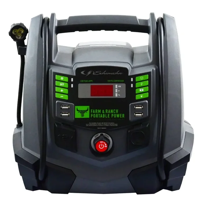 Schumacher Electric Fr01337 Rechargeable Agm Jump Starter For Gas, Diesel Vehicles – 1200A With Air Compressor And 12V Usb/Ac Power Station To Charge Phones, Accessories