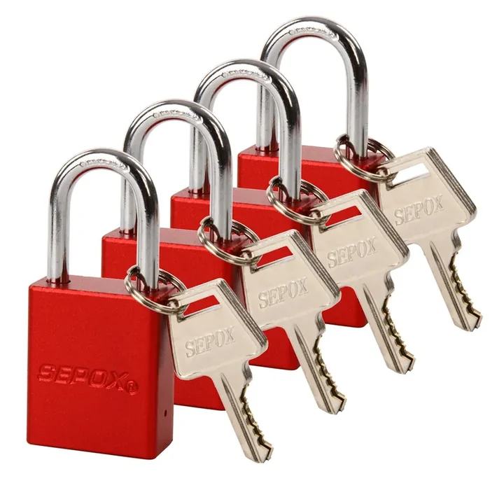 Sepox® Outdoor Padlock – Weatherproof & Rust-Resistant – Red Aluminum Set – Heavy Duty Lock Long Shackle For Storage, Shed, Fence Gate, And More. Pack Of 4 Padlocks With Same Keys 8Pcs Keyed Alike