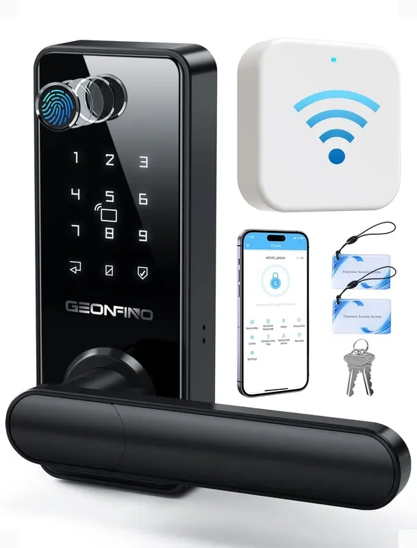 Smart Door Lock With Handle 6-In-1 Fingerprint Keyless Entry Door Lock For Front Door, Black Door Lock Set, Electronic Digital Lock With Handle, Smart Lock Set Compatible With Alexa (Gateway Included)