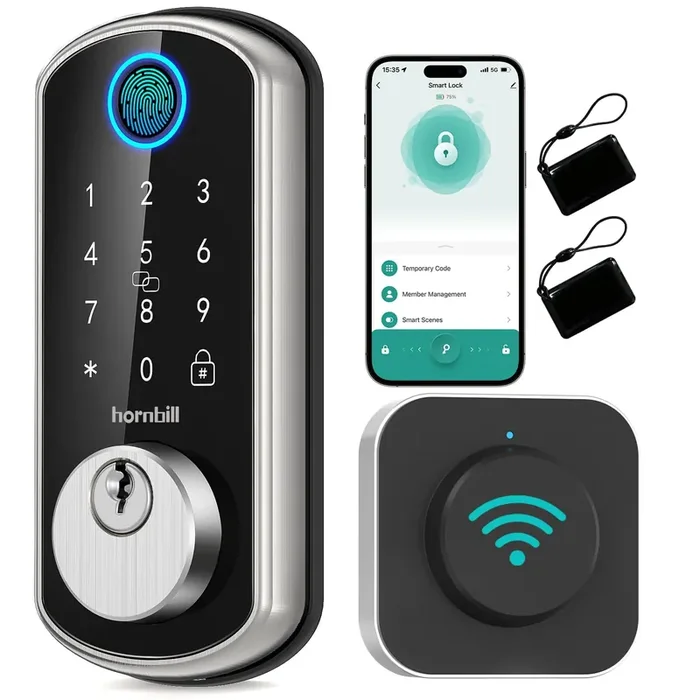 Smart Wifi Front Door Lock Hornbill Keyless Entry Fingerprint Deadbolt – Alexa Bluetooth Electronic Keypad Door Locks For House Apartment Auto Lock App Remote Control Silver