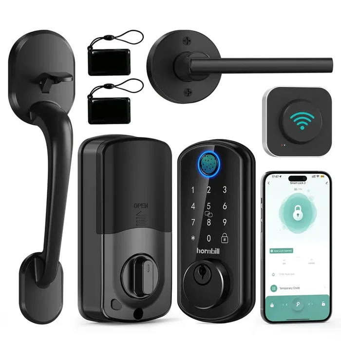 Smart Wifi Front Door Lock Hornbill Keyless Entry Fingerprint Deadbolt With Handle Set Electronic Digital Keypad Door Locks App Remote Control Alexa Auto Lock Black