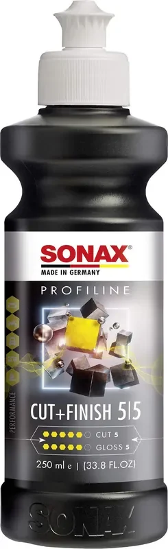 Sonax Cut & Finish 225141 High Performing Polish/Compound Rated 5 Cut & 5 Gloss Removes Paint Defects, P1500 Sanding Marks & Water Spots Long Work Time & Easy Wipe-Off Silicone-Free 250Ml
