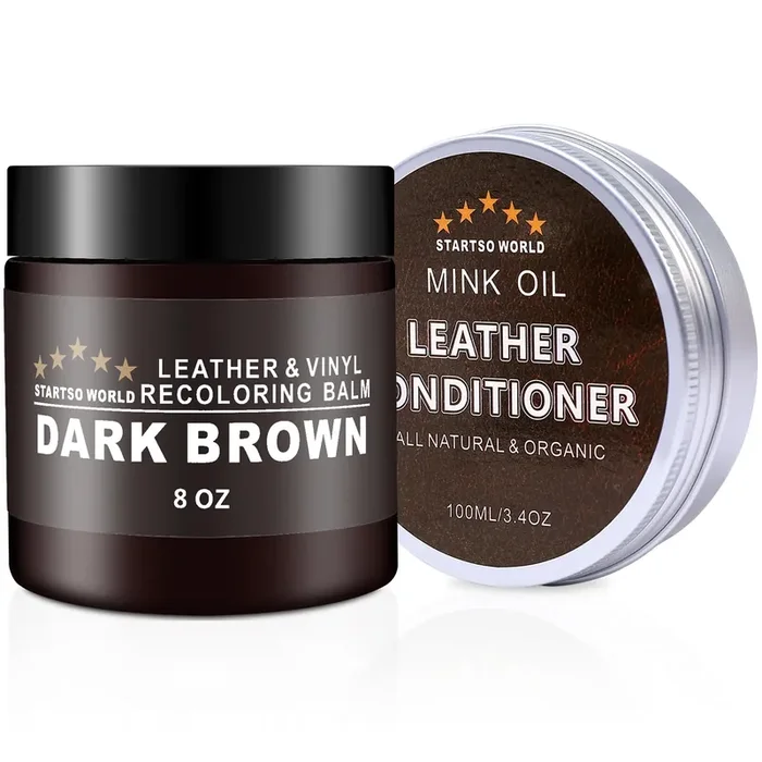 STARTSO WORLD Dark Brown Leather Recoloring Balm & Conditioner with Mink Oil – Repair Kit for Couches, Car Seats, Shoes & Vinyl