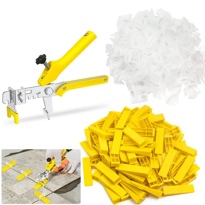 Tile Leveling System 1/8”Kit, 600Pcs Tile Leveler Spacers Clips+200Pcs Reusable Wedges+1Pc Tile Pliers For Wall/Floor Tile Adjustment, Tile Leveler Tool Set For Tile & Stone Installation(1/8‘,Yellow)