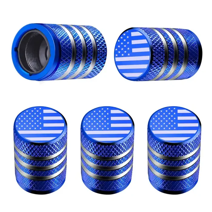 Tire Valve Stem Cap Cover – (5 Pack) Tire Air Cap Metal With Plastic Liner Corrosion Resistant Leak-Proof American Flag For Car Truck Motorcycle Bike Blue