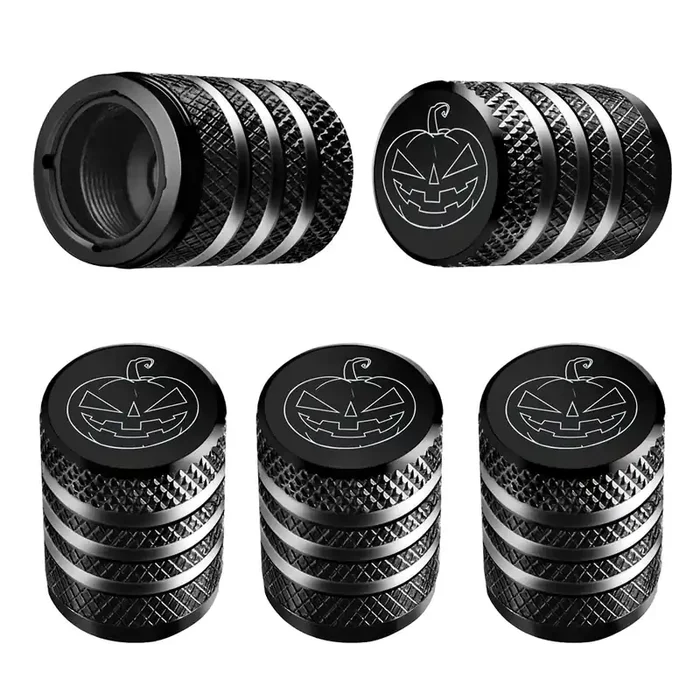 Tire Valve Stem Cap Cover – (5 Pack) Tire Air Cap Metal With Plastic Liner Corrosion Resistant Leak-Proof Halloween Pumpkin Car Decoration Accessories Black