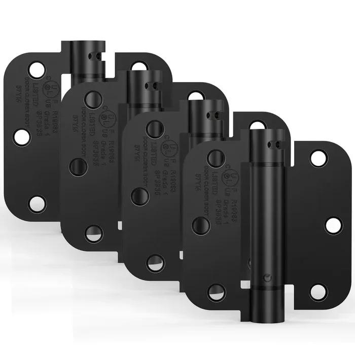 Treasem Self Closing Door Hinges, Auto Closing Spring Hinges With Adjustable Tension, 3.5 X 3.5 Inch, 5/8‘‘ Radius Corners, For Home Interior, Exterior Doors And Commercial Use, Gloss Black, 4 Pack