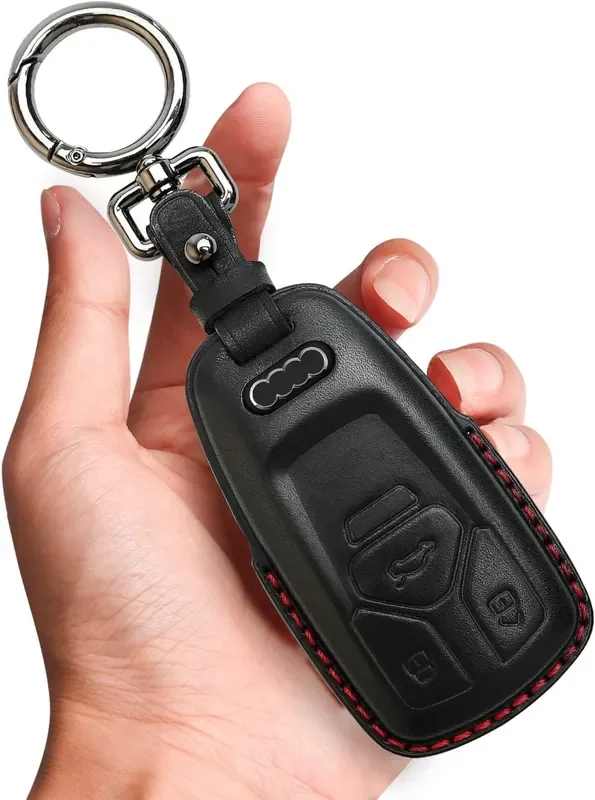 Tukellen For Audi Key Fob Cover Genuine Leather With Keychain,Leather Key Case Protector Compatible Audi A4 Q7 Q5 Tt A3 A6 Sq5 R8 S5 Smart Key-Black (Red Line)