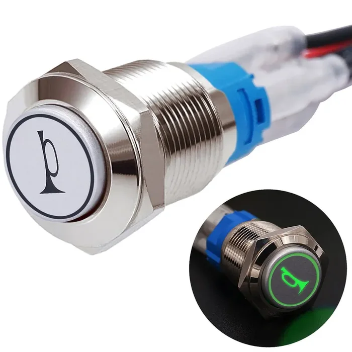 Twidec/16Mm Raised Speaker Horn Momentary Push Button Switch 5/8″ Mounting Hole 12V Green Led Light Silver Stainless Steel Shell 1No 1Nc Spdt With Pre-Wiring Wires Switch For Car Modification G16Lb-G