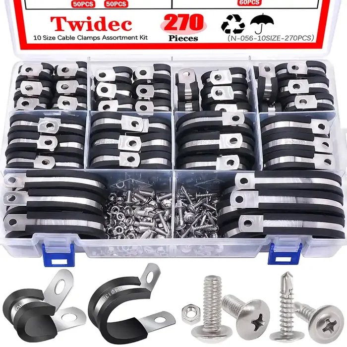 Twidec/270Pcs Cable Clamps Assortment Kit 304 Stainless Steel Rubber Coated Cushion Clamps 10 Sizes 1/4″ 5/16″ 3/8″ 1/2″ 5/8″ 3/4″ 1″ 1-1/4″ 1-1/2″ 1-3/4″ With Screw For Automotive Wire Pipe Clamps