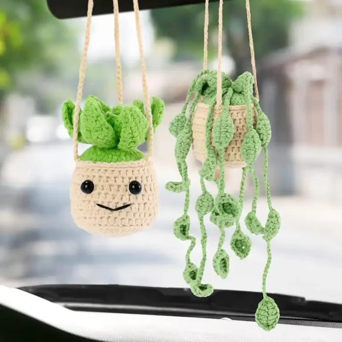 Vansolinne 2 Pcs Cute Car Accessories Crochet Plants Hanging Baskets Green Succulent For Rearview Mirror Decor Car Ornament Interior Aesthetic Plant Lovers Gifts For Women And Men Drivers