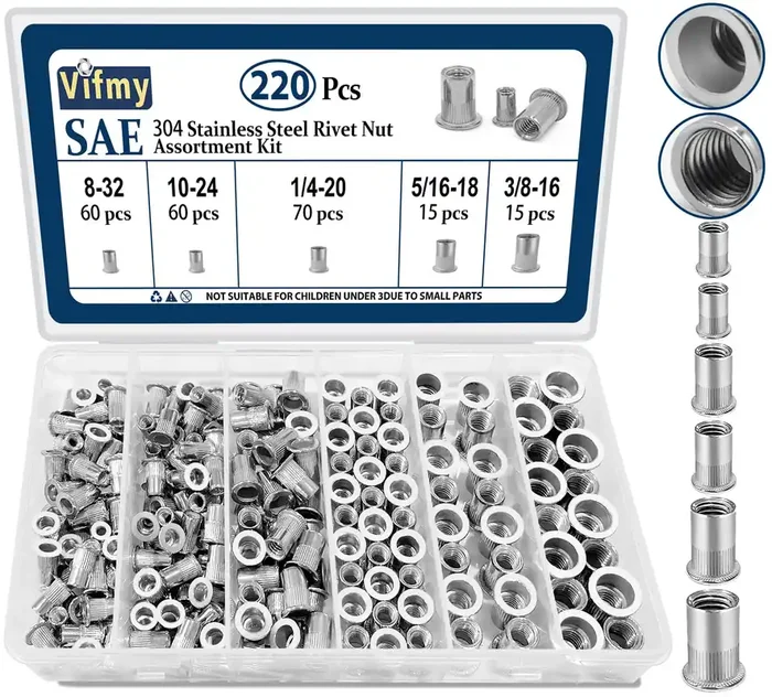 Vifmy Sae Rivet Nut Assortment Kit(220 Pcs), 8-32 10-24 1/4‘-20 5/16‘-18 3/8‘-16 304 Stainless Steel Flat Head Rivnut Set,Rivnut Threaded Insert Nut