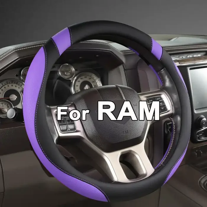 West Llama Customized Auto Car Steering Wheel Cover For Dodge Ram 1500 2500 3500, 15.5-16 Inch (Black+Purple – Large Size)