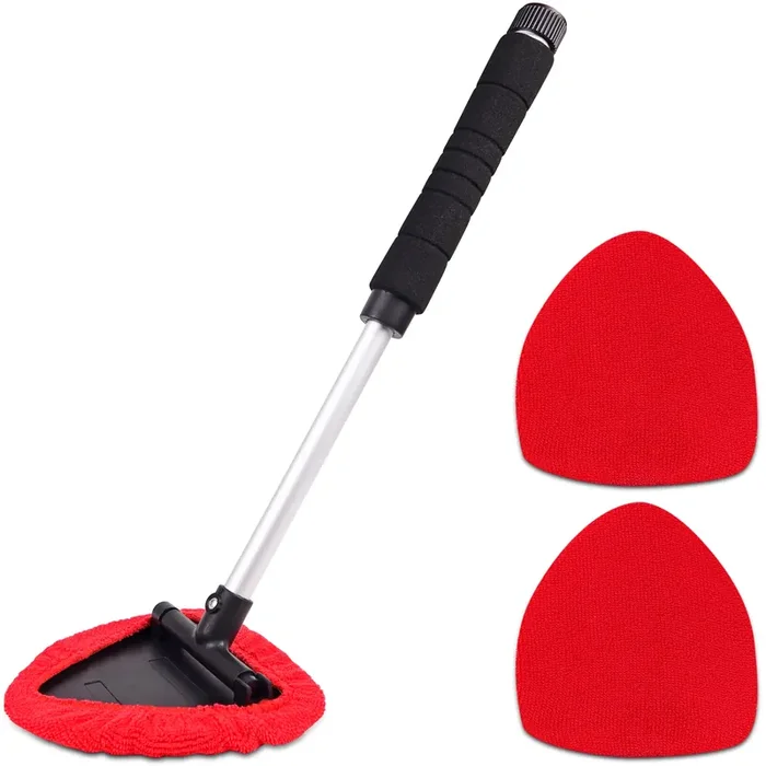 Windshield Window Cleaner Tool, Unbreakable Extendable Long-Reach Handle, Unique Pivoting Triangular Head, 3 Washable Reusable Microfiber Bonnets, Car & Home Inside Interior Exterior Use – Lint Free