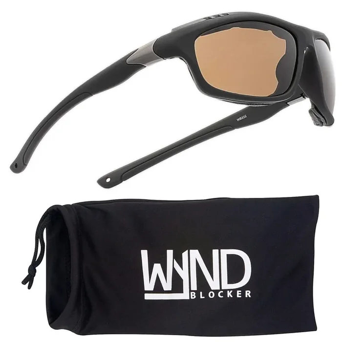 Wynd Blocker Airdam Sunglasses Motorcycle Riding, Driving, Fishing, Boating Wrap (Black Matte, Amber)