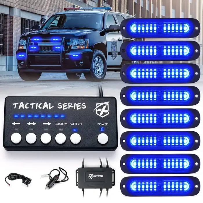 Xprite Blue Led Surface Mount Strobe Police Lights Kit, Emergency Safety Warning Flashing Grille Cop Marker Light For Volunteer Vehicles Trucks Atv Utv Cars Vans Motorcycle – 8Pcs