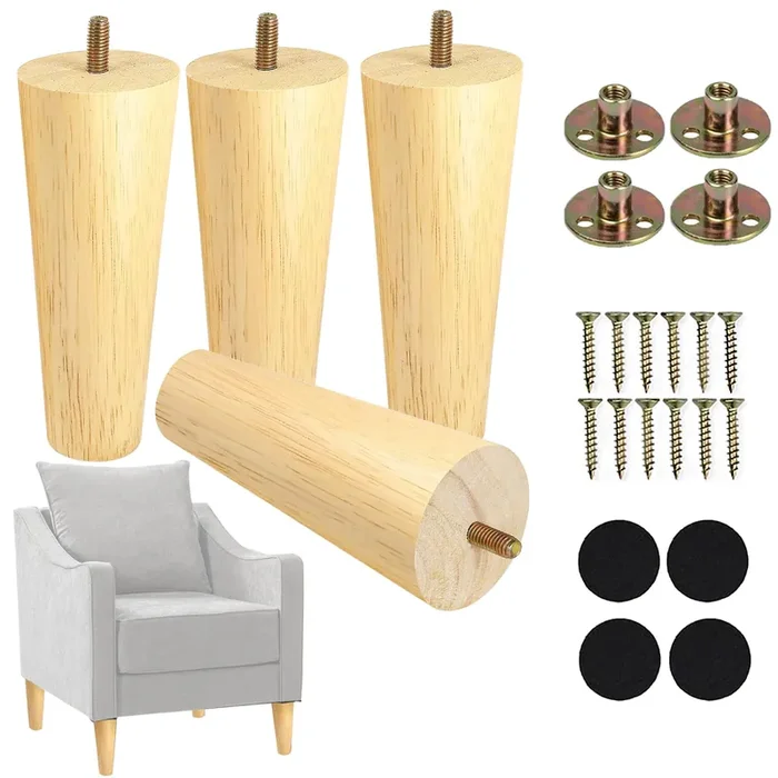 Yaliuliu 6 Inches Round Solid Wood Furniture Legs Set Of 4, Natural Wooden Replacement Feet With Threaded 5/16‘‘ Hanger Bolts For Sofa, Couch, Armchair, Cabinet, Tv Stand, Ottoman And Dresser