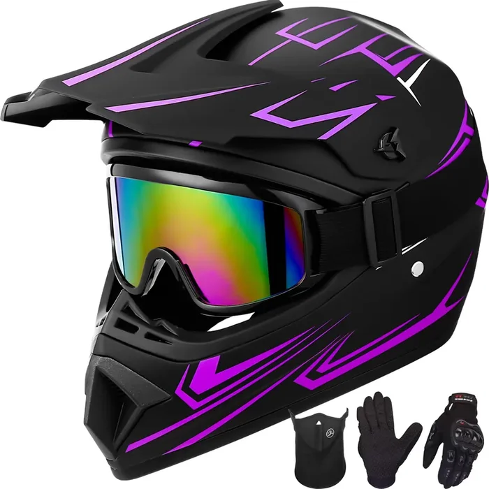 Yesmotor Youth Kids Motocross Helmet Full Face Motorcycle Dirt Bike Off-Road Mountain Bike Bmx Mx Atv Helmet- Dot Approved With(Gloves Goggles Mask) 4Pcs Set (Purple,Xl)