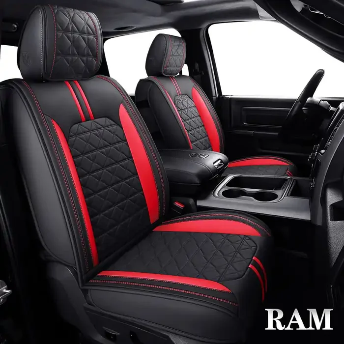 Yiertai For Dodge Ram Seat Covers Fit 2009-2025 1500Hd 2010-2023 2024 2025 2500/3500Hd Crew Double Quad Rebel Cab Laramie Big Long Horn Rebel Tradesman Leather(5 Pcs Full Set/Black-Red)
