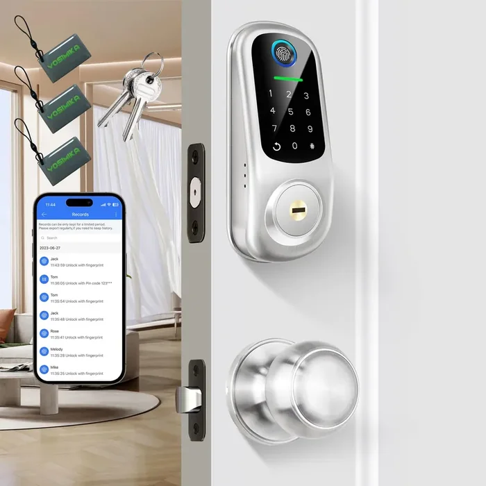 Yosimika Keyless Entry Door Lock With Handle, Fingerprint Deadbolt Door Lock, Smart Door Locks For Front Door, Bluetooth Electronic Digital Keypad Lock, Easy To Install, Satin Nickel